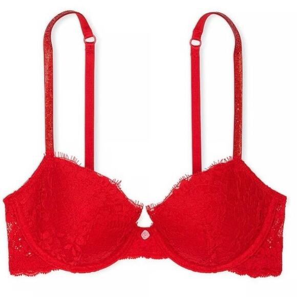 Victoria's Secret Other - Victoria’s Secret Dream Angels Twinkle Strap Lace Demi Bra Size 32D Red Holiday